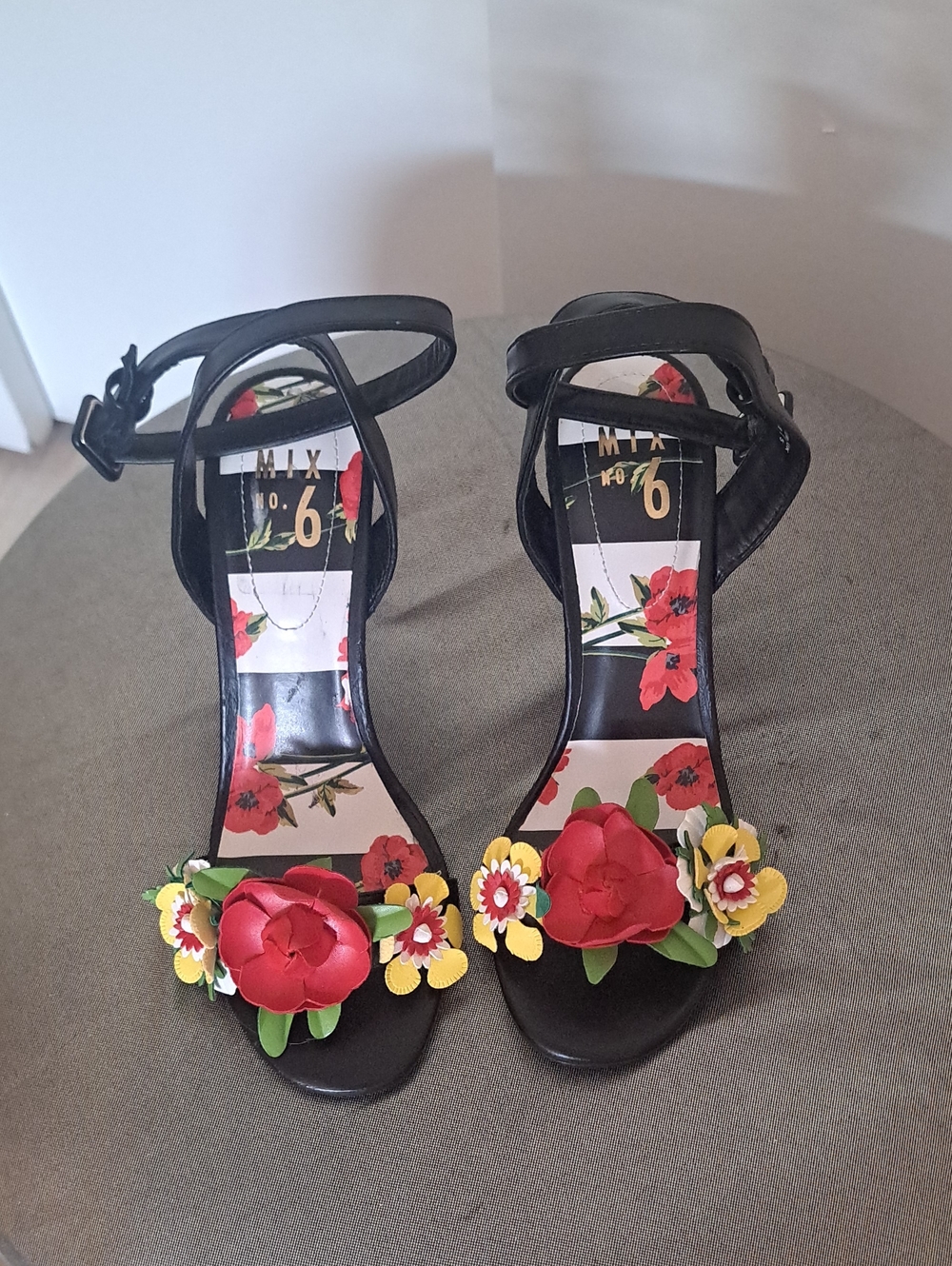 Mix No. 6 Black Sandals with Red & Yellow Floral Appliques